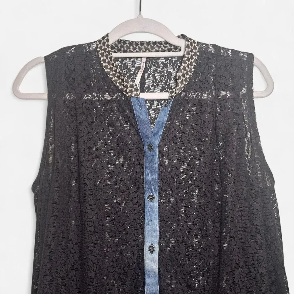Free People Noir Romantic Floral Lace Button-Down Top – Dark Boho (M)
